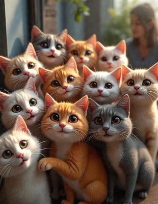 The primary subject of the image is a group of cats, with various colors and sizes. They are all gathered together, creating a sense of unity and camaraderie. The setting is indoors, with a woman standing in the background, possibly observing the cats. The visual style is a combination of photo and digital art, as the cats are depicted in a realistic manner while the background is slightly altered. The colors and mood of the image are warm and inviting, with the cats' eyes